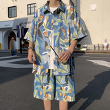 港风夏款男套装短袖花衬衫五分沙滩花短裤两件套TZ5512P50，男装休闲套装，星座1013-1