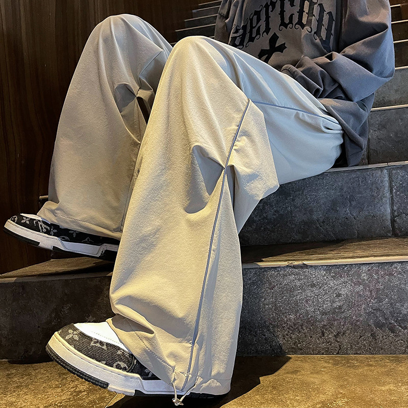 高品质秋款男休闲裤褶皱抽绳束脚条纹直筒长裤h083 P38图片