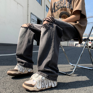 港风夏款男牛仔裤膝盖破洞直筒宽松休闲裤nk8044 P45图片