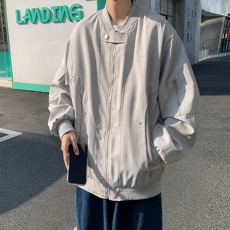 男夹克棒球立领飞行员拉链口袋字母印花按扣冲锋衣外套J,男装夹克,星座1013-1