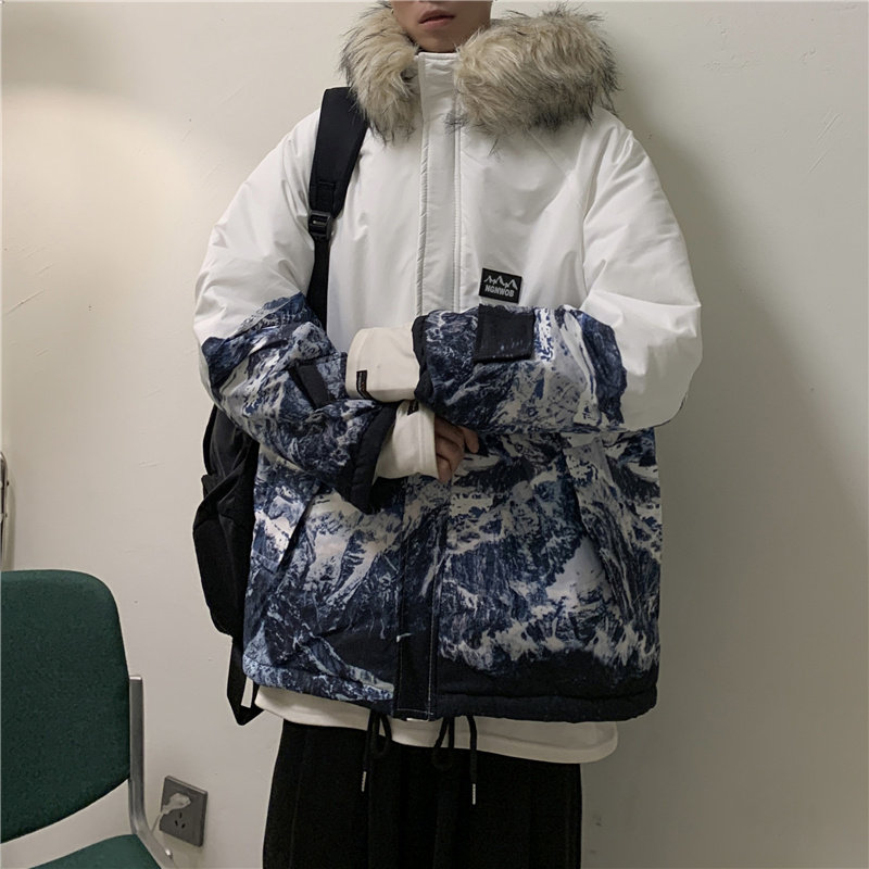 冬款男棉衣山脉扎染连帽毛领纯棉加绒加厚保暖棉袄外套Y6532,男装棉衣,星座1013-1