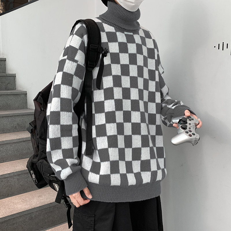 冬款男毛衣高领棋盘格拼接加厚毛线衣外套M014,男装针织衫/毛衣,星座1013-1