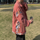 港风秋款男牛仔夹克衫涂鸦假两件流苏拼接印花休闲外套JK53P75，男装夹克，星座1013-1