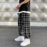 港风夏款男格子休闲裤条纹潮宽松bf运动抽绳束脚九分裤h24P35，男装休闲裤，星座1013-1