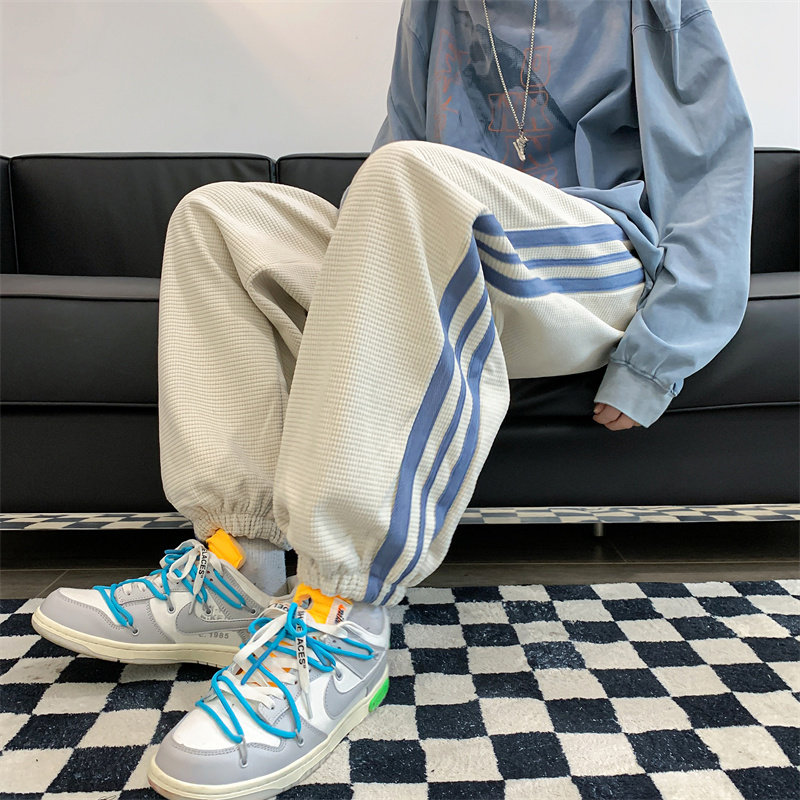 2022港风春款男束脚裤华夫格三条杠条纹休闲九分裤h7051,男装休闲裤,星座1013-1