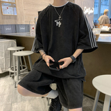 港风夏男套装三条杠条纹字母印花短袖T恤五分短裤两件套TZ117P55，男装休闲套装，星座1013-1