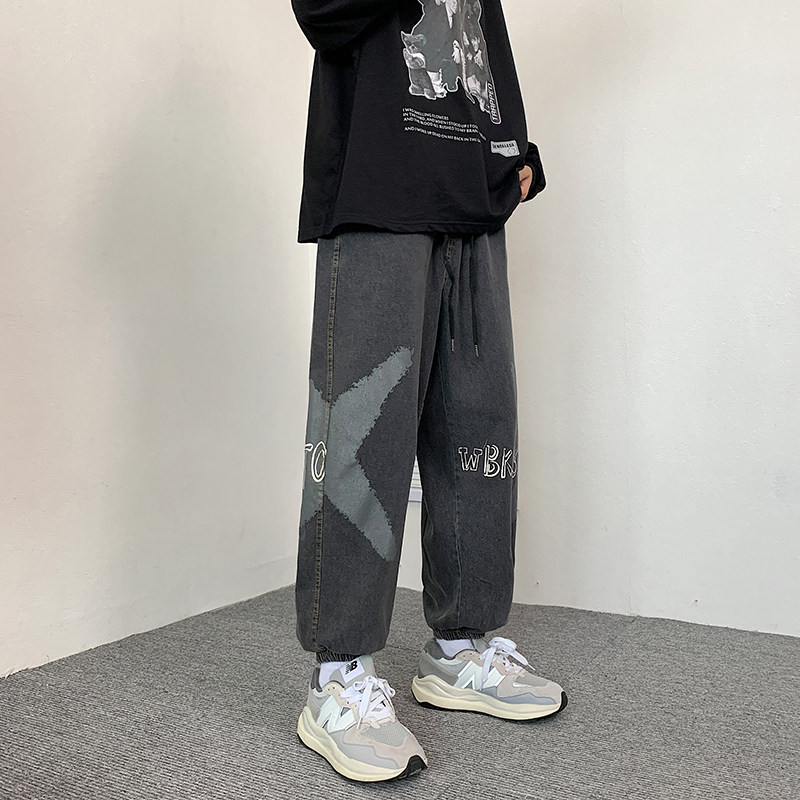 2021港风男牛仔裤字母印花十字架束脚裤九分裤nk8027P50,男装牛仔裤,星座1013-1