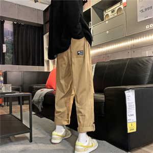 港风秋款男工装裤大口袋织带暗扣纯棉直筒九分裤h254 P45图片
