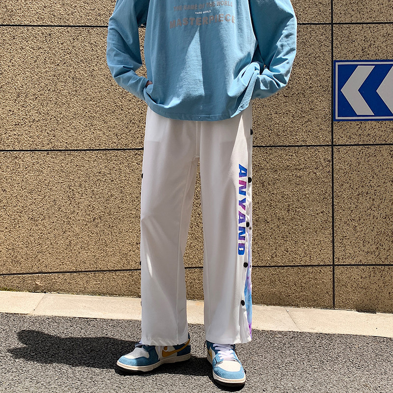 2021港风夏男直筒宽松迷彩拼接字母印花排扣九分裤h653,男装休闲裤,星座1013-1