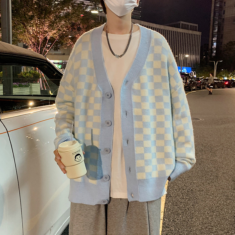 秋冬男针织开衫条纹V领毛衣棋盘格拼接条纹单排扣打底外套M54,男装针织衫/毛衣,星座1013-1