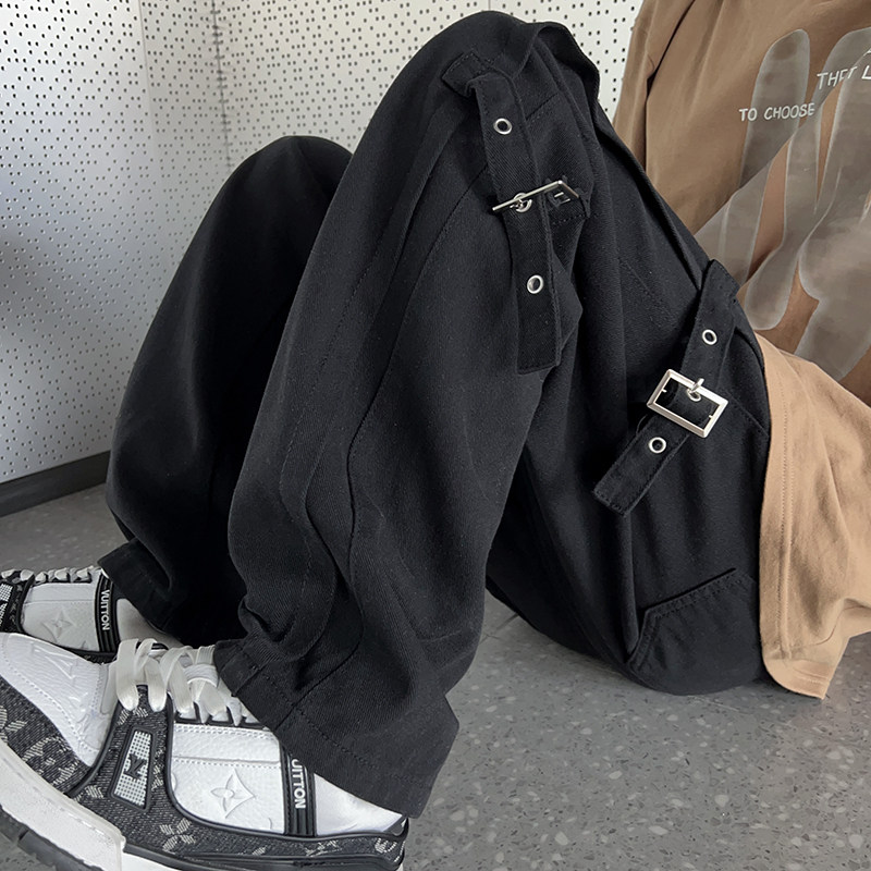 港风夏款男裤工装裤侧边织带按扣宽松直筒长裤h795P45,男装休闲裤,星座1013-1