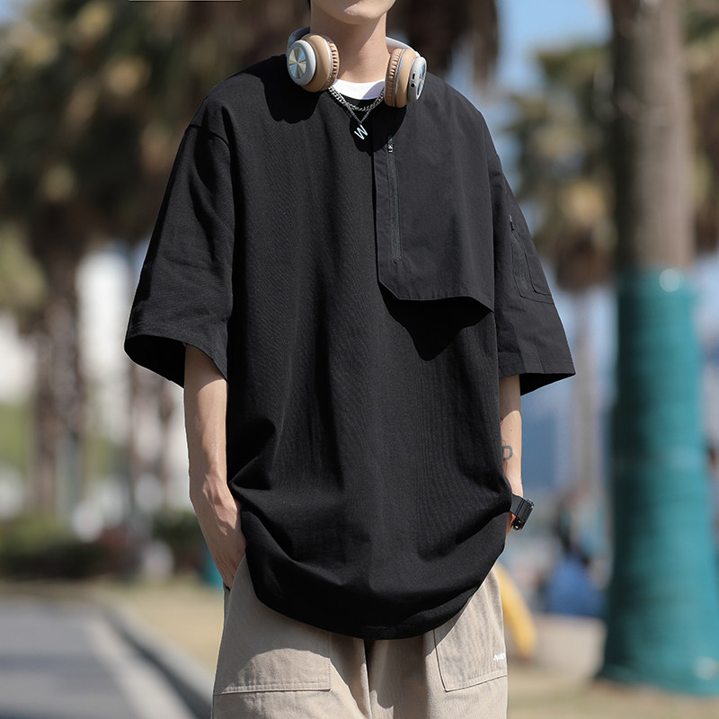 港风夏款男短袖T恤工装机能短袖双层拉链休闲T恤衫T001P45,男装T恤,星座1013-1