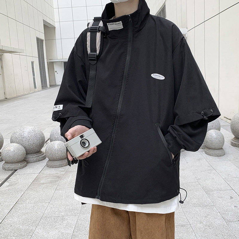 秋季男工装夹克斜拉链抽绳字母印花宽松假两件立领外套JK200P60,男装夹克,星座1013-1