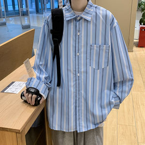 2023港风秋款男长袖衬衫条纹拼接字母印花衬衣休闲外套CS92 P45图片