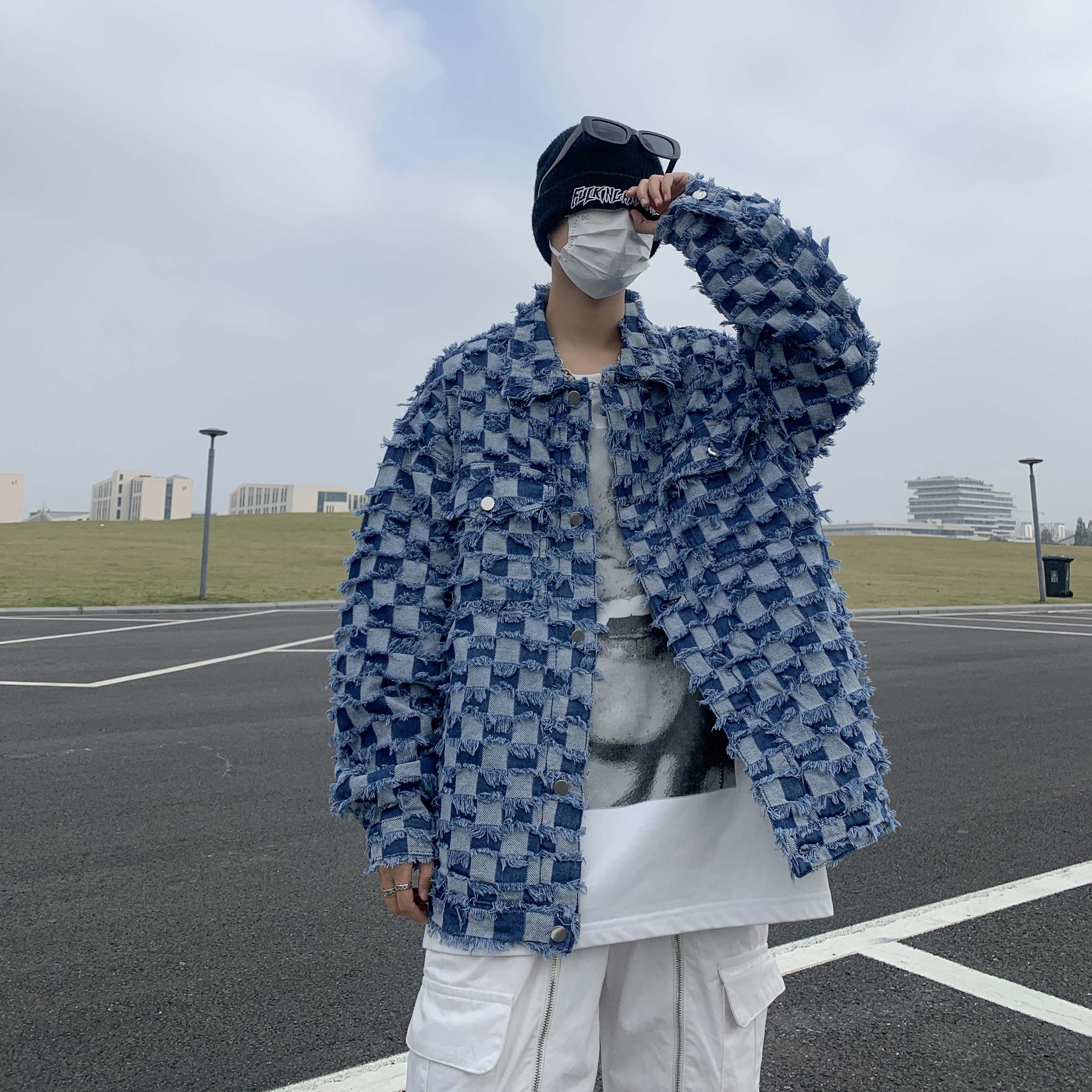 高品质秋款男牛仔夹克衫棋盘格拼接流苏外套JK28P75,男装夹克,星座1013-1