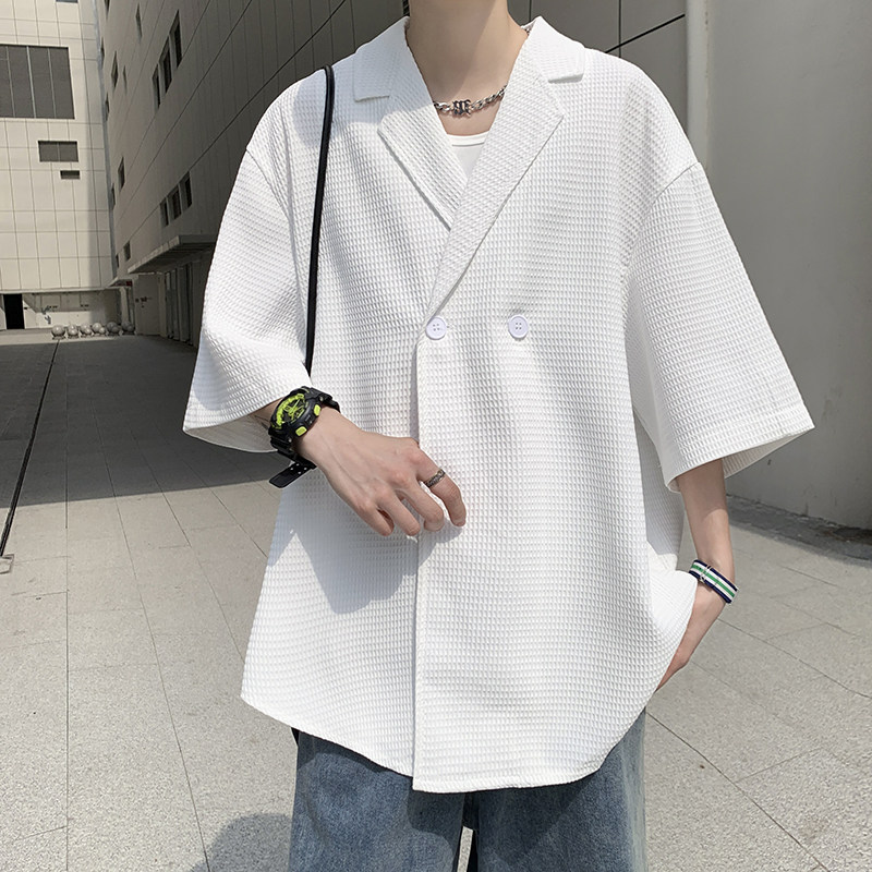 克莱因蓝夏款男短袖衬衫华夫格西装领休闲衬衣CS67P45,男装衬衫,星座1013-1