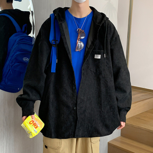 秋款男长袖衬衫连帽灯芯绒小贴标抽绳休闲外套CS729图片