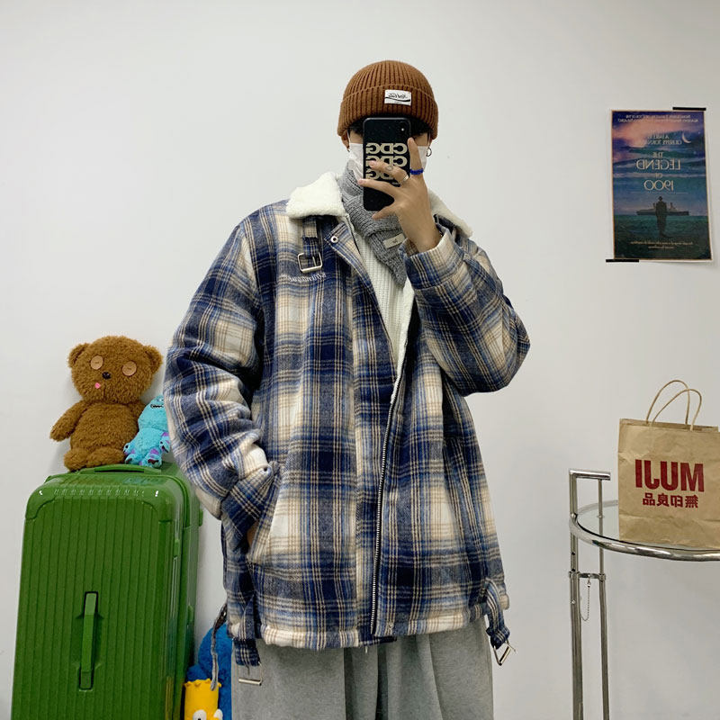 港风男棉衣羊羔毛条纹格子宽松棉服加绒加厚外套棉袄M02,男装棉衣,星座1013-1