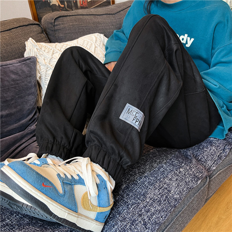秋款男裤麂皮绒束脚卫裤字母印花休闲宽松直筒长裤h449,男装休闲裤,星座1013-1