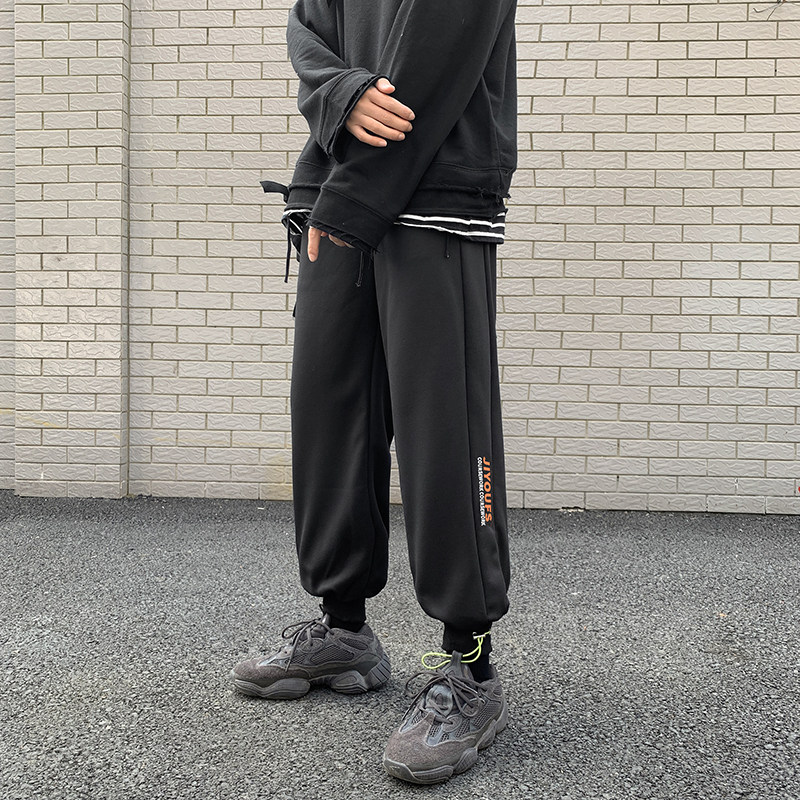 2021港风春款男休闲裤字母印花束脚抽绳直筒潮小脚九分裤H056P35,男装休闲裤,星座1013-1
