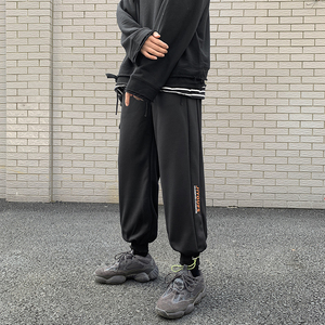 2021港风春款男休闲裤字母印花束脚抽绳直筒潮小脚九分裤H056 P35图片