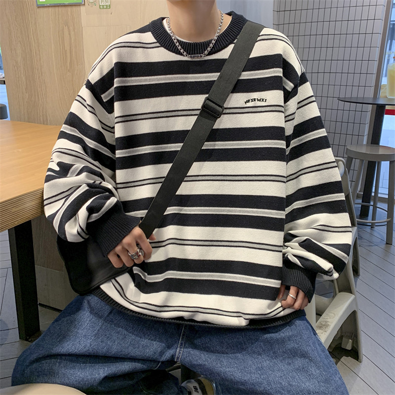 港风冬款男针织衫加厚圆领套头条纹字母印花外套M5557,男装针织衫/毛衣,星座1013-1