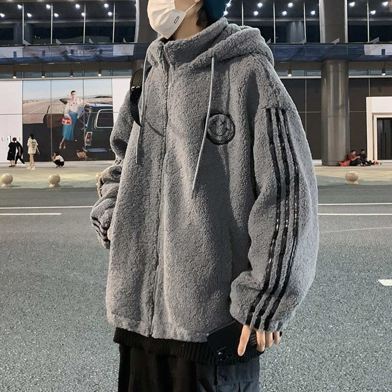 港风秋冬男棉衣连帽保暖羊羔毛笑脸印花条纹拼接外套Y8906,男装棉衣,星座1013-1