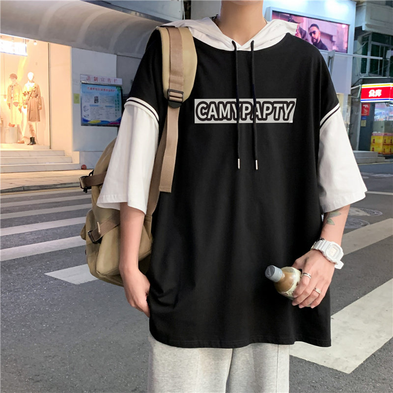 夏假两件短袖T恤字母印花连帽潮松百搭休闲五分条纹T恤衫T302P33,男装T恤,星座1013-1