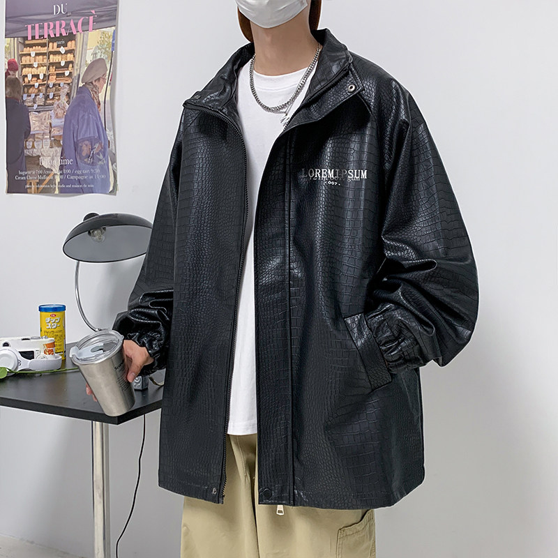 港风秋款男皮夹克蛇皮字母印花机车皮衣外套J,男装皮衣,星座1013-1