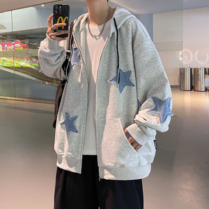 港风秋款男卫衣连帽五角星拼接宽松休闲外套wy231 P55图片