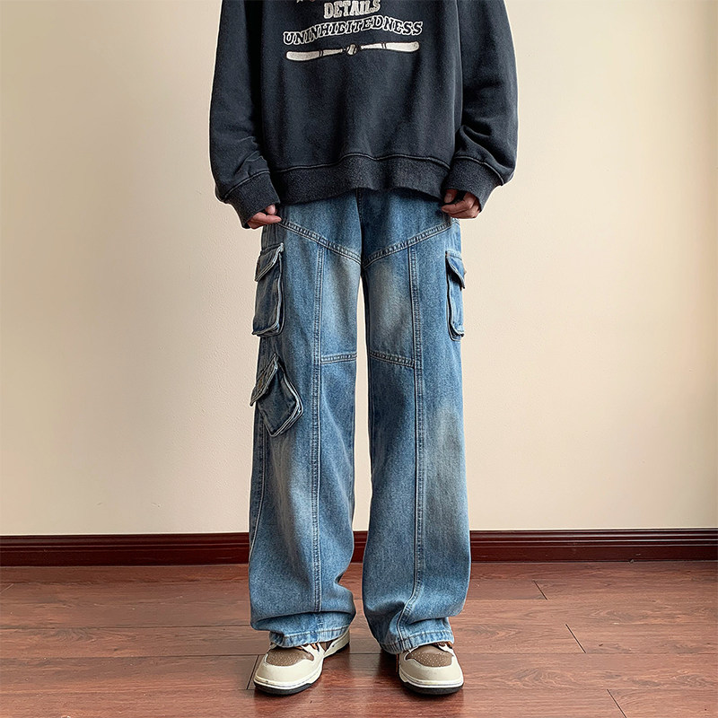 高品质港风春款男牛仔裤工装大口袋渐变色休闲直筒长裤nk605P60,男装牛仔裤,星座1013-1