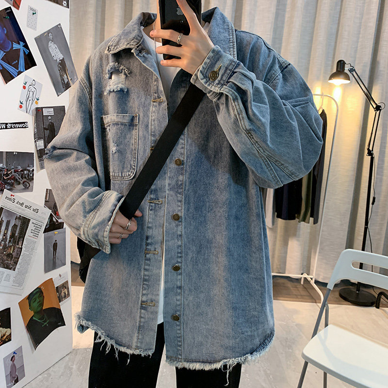 现货2020港风秋款男牛仔夹克衫破洞男宽松风衣休闲外套JK105 P95图片