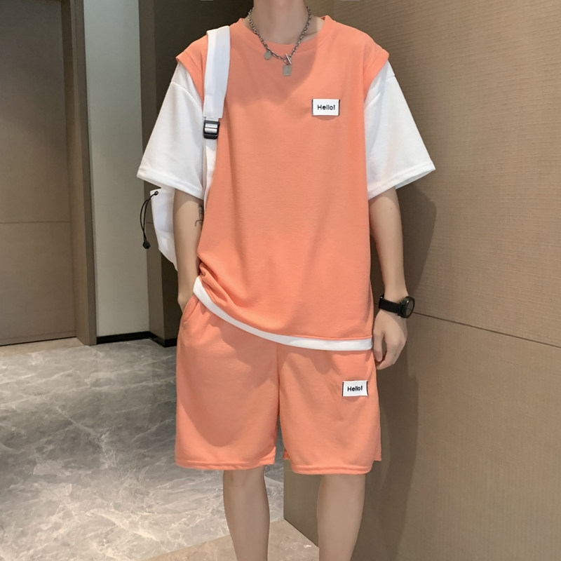 华夫格运动套装假两件短袖T恤贴标五分短裤两件套TZ100,男装休闲套装,星座1013-1
