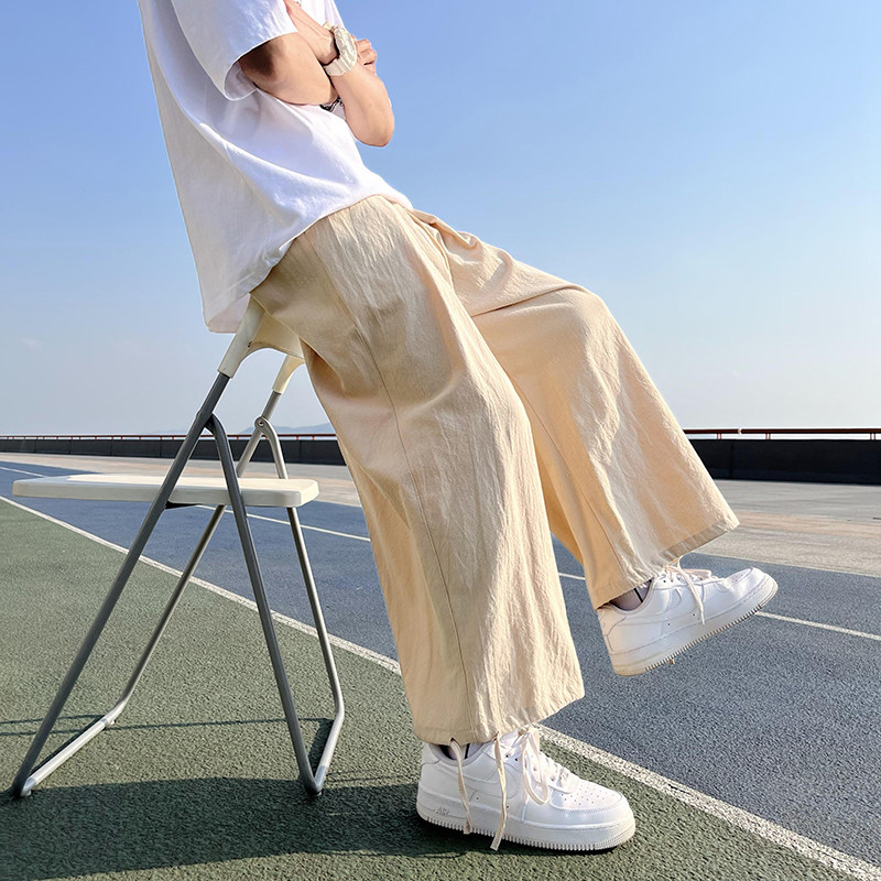2022港风夏款男亚麻裤棉麻抽绳宽松九分宽裤h705,男装休闲裤,星座1013-1