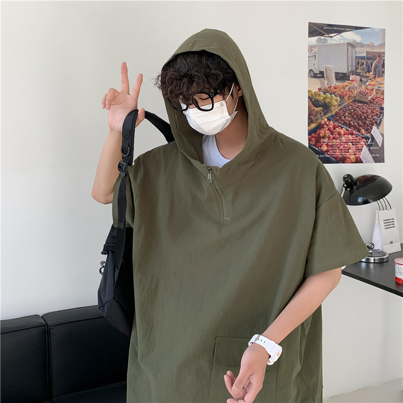 港风夏款男短袖T恤工装大口袋连帽拉链上衣外套T恤衫T755 P35图片