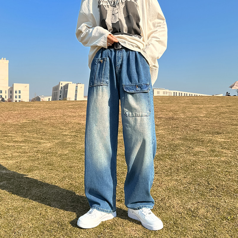 港风秋冬款男牛仔裤工装裤大口袋渐变色直筒宽松长裤nk741P45,男装牛仔裤,星座1013-1