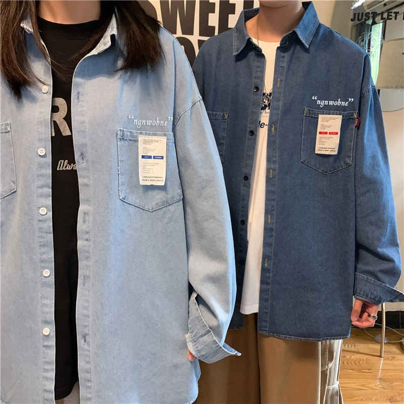 2021港风秋男牛仔衬衫长袖字母印花贴标情侣女衬衣外套CS602P45,男装衬衫,星座1013-1