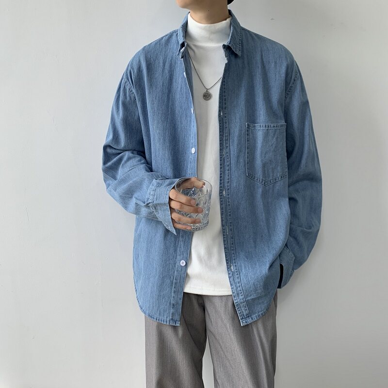 港风秋款男牛仔衬衫长袖纯色衬衣休闲外套CS21,男装衬衫,星座1013-1