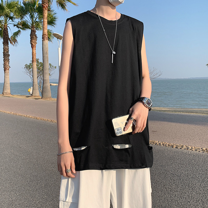 港风夏款男纯棉背心运动马甲沙滩T恤休闲无袖坎肩破洞T恤T03P20,男装背心/马甲,星座1013-1