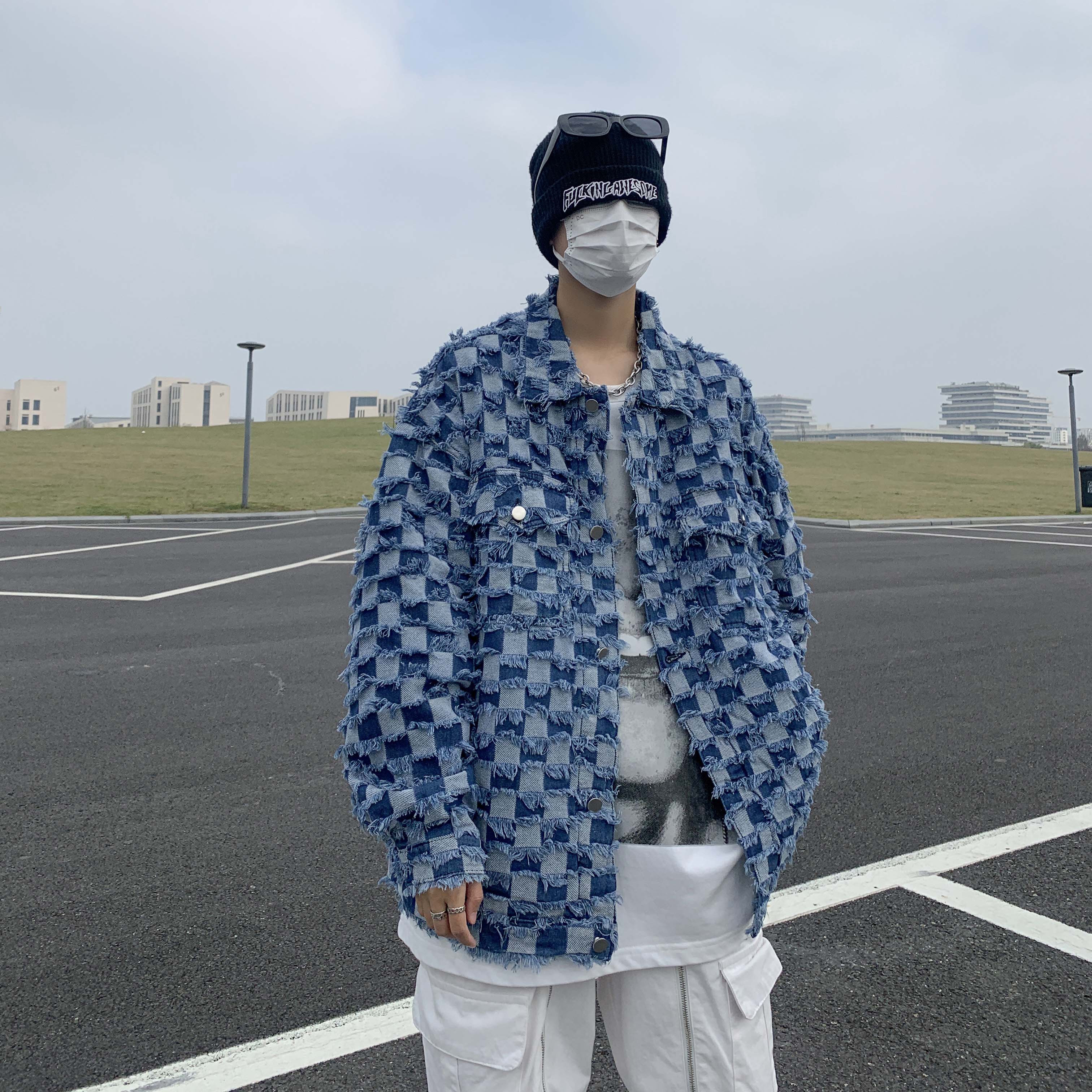 高品质秋款男牛仔夹克衫棋盘格拼接流苏外套JK28P75,男装夹克,星座1013-1