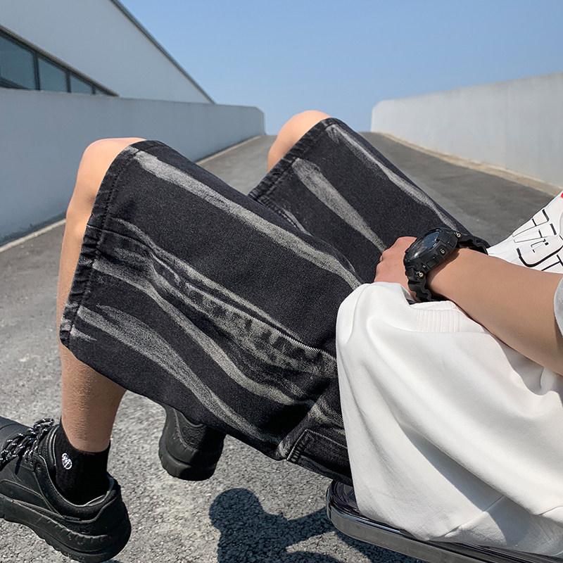 港风夏款男牛仔短裤扎染条纹休闲五分马裤裤D8039P40,男装牛仔裤,星座1013-1