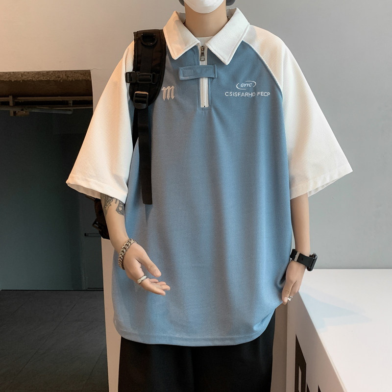 夏款男短袖POLO衫华夫格字母印花拉链织带拼色休闲T恤衫T603P35,男装T恤,星座1013-1