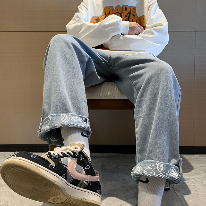 2021港风春款男牛仔裤腰果印花按扣直筒宽松九分裤n,男装牛仔裤,星座1013-1