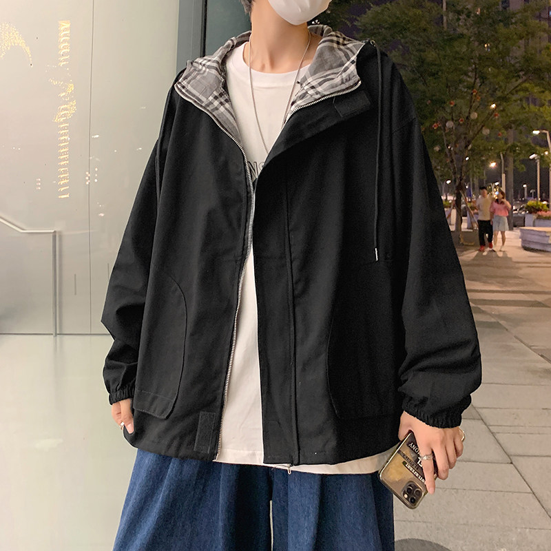 2021港风秋款男夹克连帽魔术贴拉链格子宽松休闲外套JK03P60,男装夹克,星座1013-1