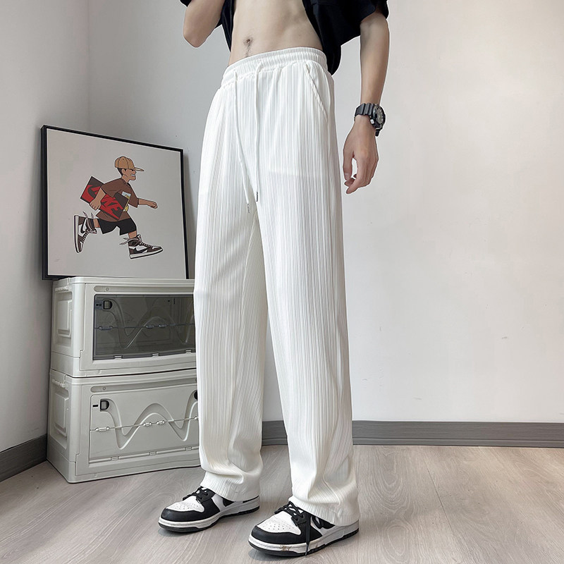 高品质夏男裤冰丝邹垂感褶皱凉感冰丝坑条纹直筒长裤h9526P35,男装休闲裤,星座1013-1