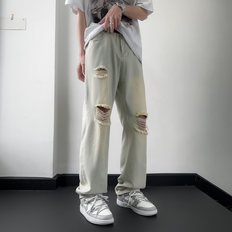 港风夏款男牛仔裤膝盖破洞黄泥色直筒宽松休闲裤nk3001 P45图片