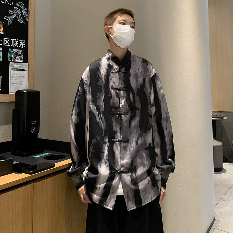 冰丝扎染新中式改良男长袖宽松中山装衬衫盘扣外套衬衣CS027P45,男装衬衫,星座1013-1