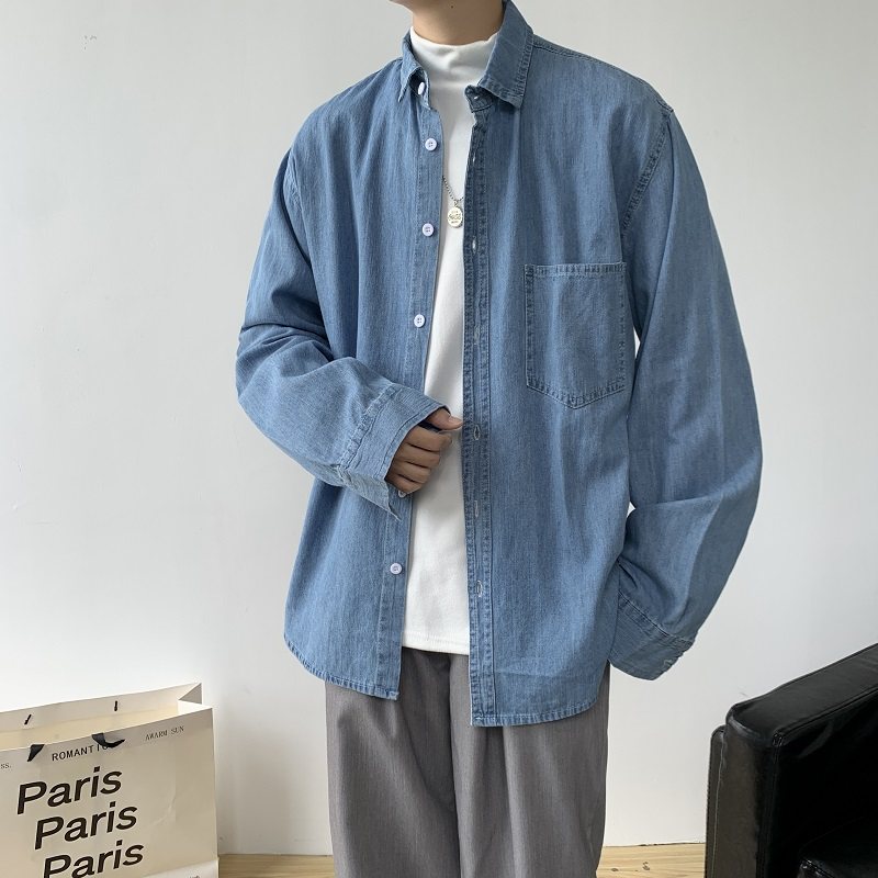 港风秋款男牛仔衬衫长袖纯色衬衣休闲外套CS21,男装衬衫,星座1013-1
