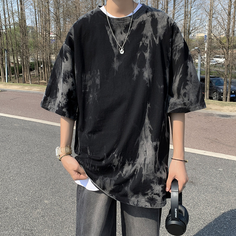 港风夏款男短袖纯棉T恤扎染水洗宽松版中长款五分袖T恤衫T017 P40图片