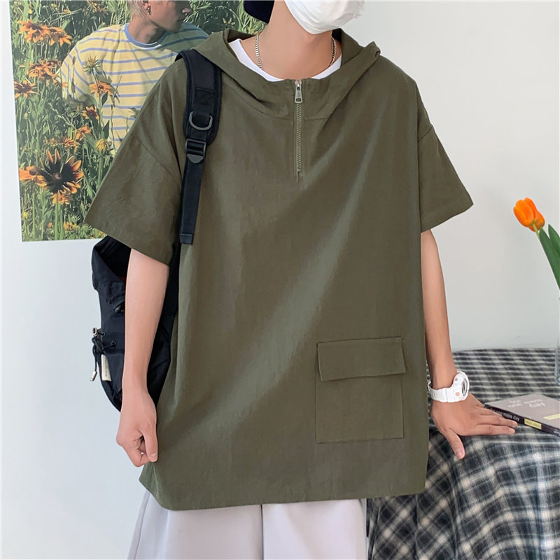 港风夏款男短袖T恤工装大口袋连帽拉链上衣外套T恤衫T755P35,男装T恤,星座1013-1